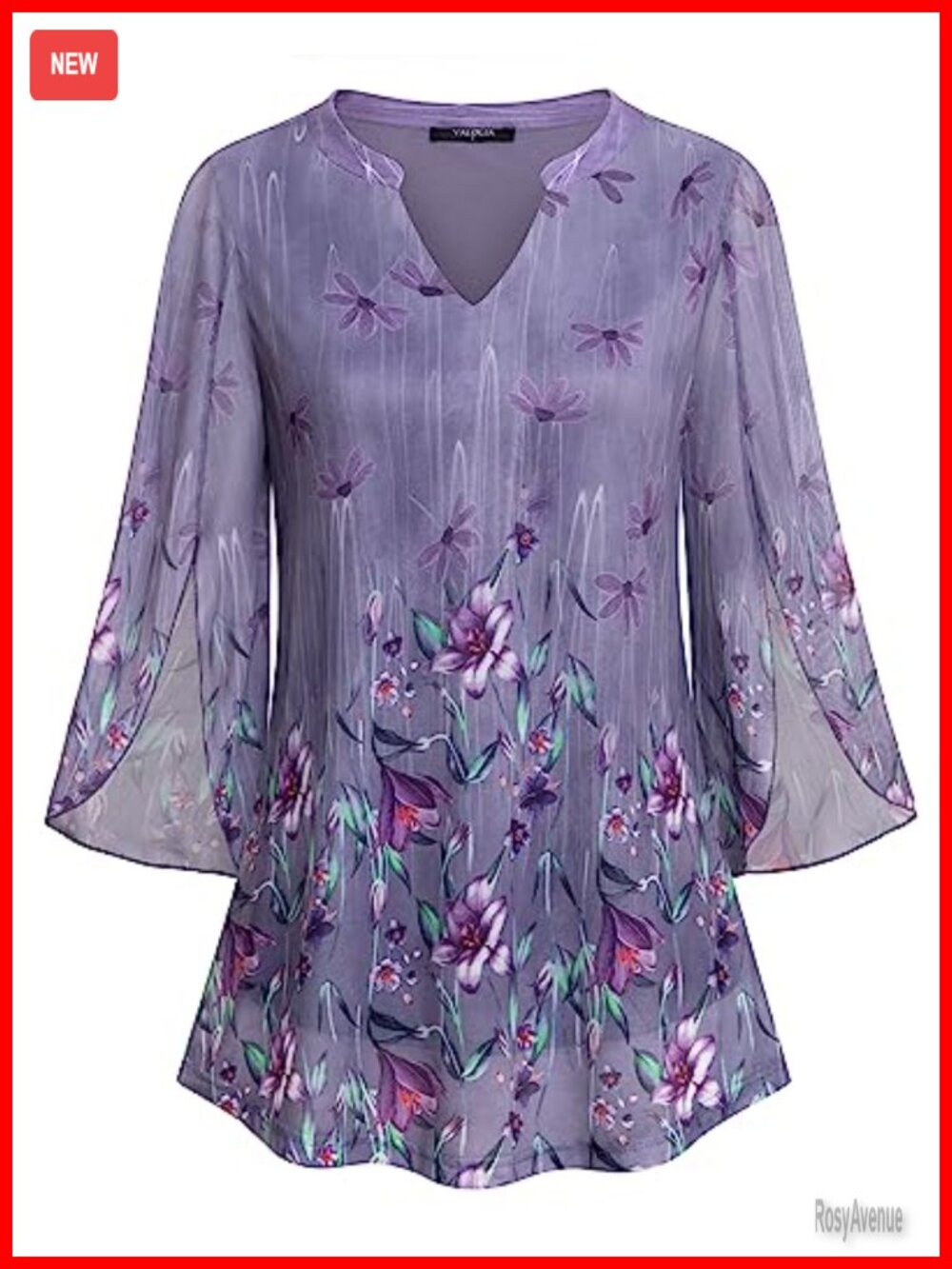 Women's 3/4 Sleeve Floral Tunic Top V-Neck Double Layer Mesh Blouse Loose Fit